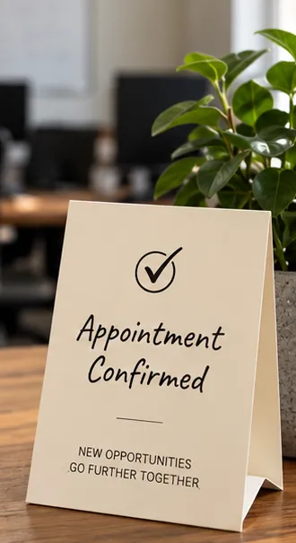Printed card on a table reading Appointment Confirmed