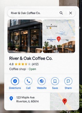 The business in local search: River & Oak Coffee Co., 4.8 stars, open, with directions, call and website actions